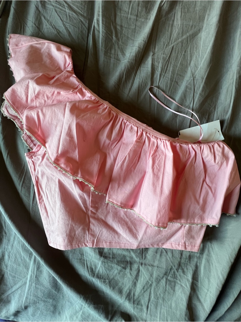 Wildfox Pink Smocked One-Shoulder Crop Top